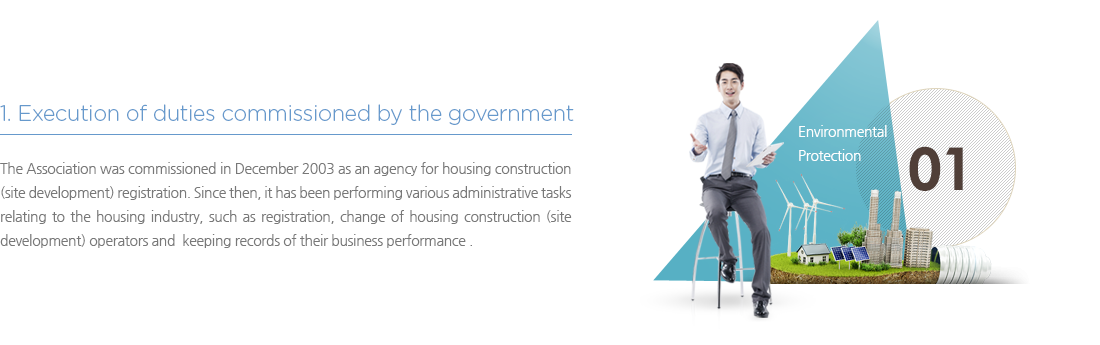 1. Execution of duties commissioned by the government
	The Association was commissioned in December 2003 as an agency for housing construction (site development) registration. Since then, it has been performing various administrative tasks relating to the housing industry, such as registration and change of housing construction (site development) operators and filing of their business performance .